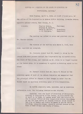 Thomas A. Edison - Corporate Minutes Signed 04/04/1922 With Co-signers • $1800