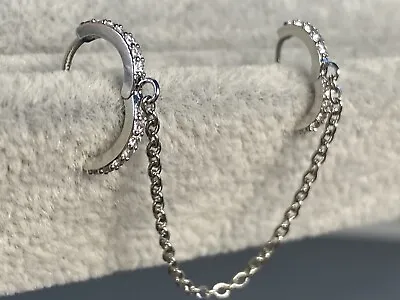 £7.99 • Buy 1x Double Huggie Hoops Rhinestone Crystal With Chain Drop Dangle Earrings Stud