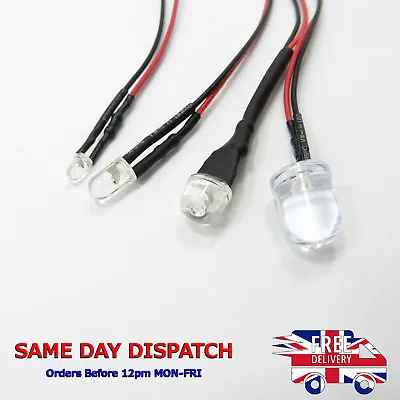 12V LED Diode Light 20cm Cable Line Wire 3mm 5mm 8mm 10mm Emitting Light Clear • £2.42