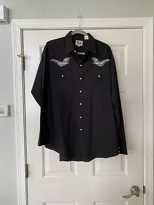 Vtg Ely Cattleman Black Pearl Snap Western Shirt Embroidered Hawk/Eagle Mens XL • $20