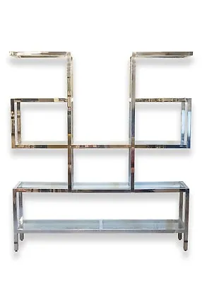 Milo Baughman Style Large Chrome And Glass Floating Etagere Shelving Wall Unit • $2800