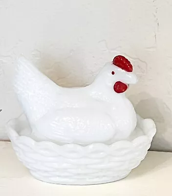 Vintage Mini ‘Hen A On Nest’ Red Comb Milk Glass 1950s Covered Saltcellar Dish • $14.99