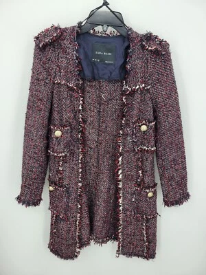 $22.57 • Buy Zara Basic Jacket Womens Small Red White Blue Tweed Raw Edge Open Front Long