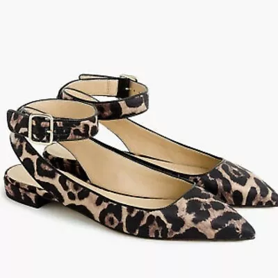 J Crew H9775 NWT Size 5M Leopard Print Satin Ankle Strap Slingback Flats Shoes • $49.99