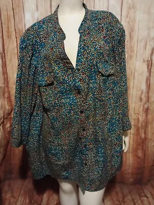 Maggie Barnes For Catherine's Blue Floral Short Sleeve Button Up Blouse Sz 3X • $14.99