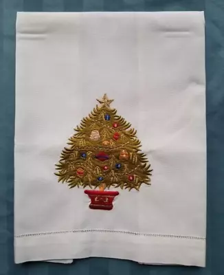 Vintage Tea Or Guest Towel Linen Christmas Tree Embroidery 14  X 22  White • $8