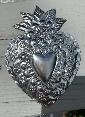 Heart Flower Milagro Mexican Handmade Unpainted Tin Ornament 6x4.5 3 For$23 M17 • $8.99