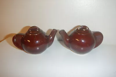 Vintage Brown Art Pottery Tea Kettle Salt And Pepper Shakers Figurines • $6.99