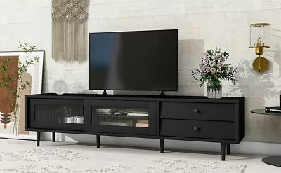 TV Stand TV Cabinet Glass Doors Media Console Modern Ample Storage Space Black • $252.88