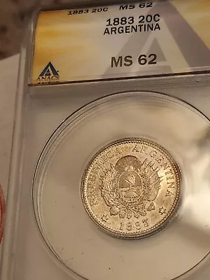 1883 Argentina Silver 0.900 Coin 20 Cent KM 26 Anacs MS62  ( High Grade ) • $89