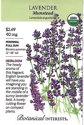 Lavender Munstead Organic Flower Seeds- Botanical Interests 12/24 • $3