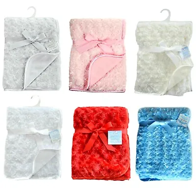 Baby Blanket Rosebud Wrap Fleece Satin Trim Cot Pram Gift 7 Col ~ Soft Touch Abg • £10.45