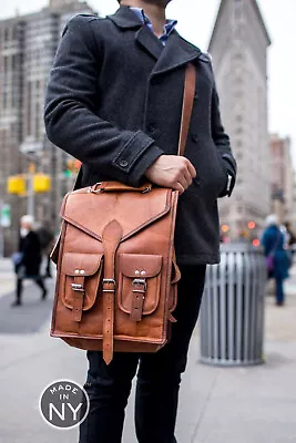 New Vintage Genuine Men's Leather Backpack Satchel Briefcase Laptop Brown Bag • £47.42