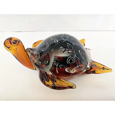 Sea Turtle Art Glass Tortoiseshell 5” Long Paperweight Decor Murano Style Amber • $15.75