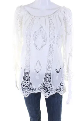 Miguelina Womens Elastic Off Shoulder Lace Blouse White Cotton Size Small • $42.69