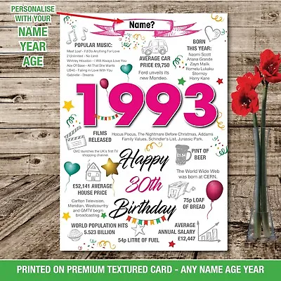 £14.95 • Buy 30th 1993 Birthday Poster Present Gift Personalised News Uk Facts Him Or Her