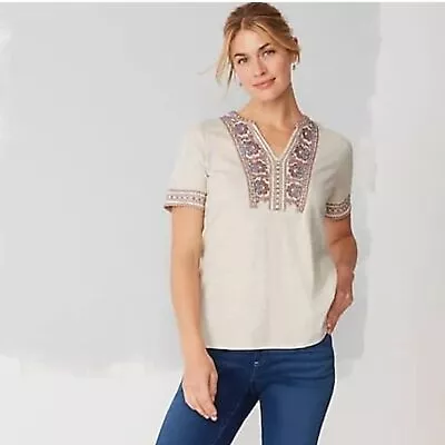 J. Jill Embroidered Tee Pure Jill Tan Split Neck Pink Top Blouse T-Shirt Small • $18.97