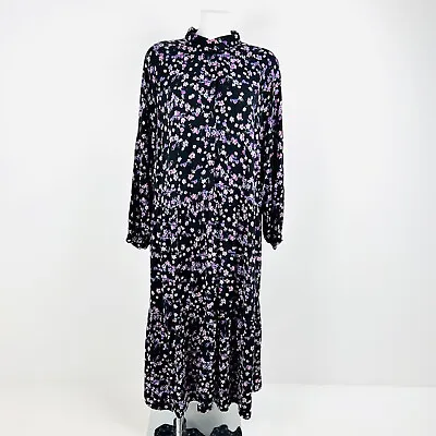 H&M Shirt Dress Size XL UK 18 Midi Dark Floral Long Sleeve Oversized Fit • £16.99