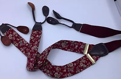 CAS W Germany Mens Y Back Suspender Floral Braces Toggle Burgundy Button Loop • $19.49