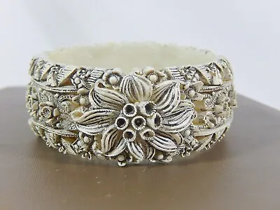 Art Deco Deeply Carved Celluloid Floral Roses Daisies Wide Clamper Cuff Bracelet • $35
