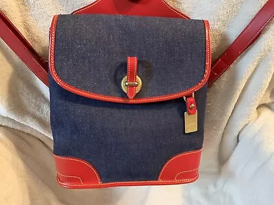 Vintage Dooney & Bourke Blue  Chambray & Red  Leather Backpack • $110