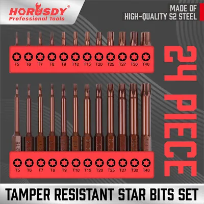 $11.99 • Buy 24Pc Security Torx Bit Tamper Resistant Star Set S2 Steel 1  & 2.3  Long T5- T40