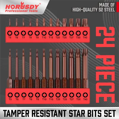 24Pc Security Torx Bit Tamper Resistant Star Set S2 Steel 1  & 2.3  Long T5- T40 • $11.99