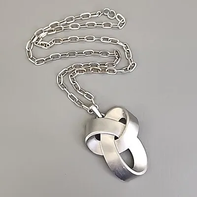 Trifari Necklace Vtg Knot Matte Silver Tone Pendant Paper Clip Modernist 28  • $50