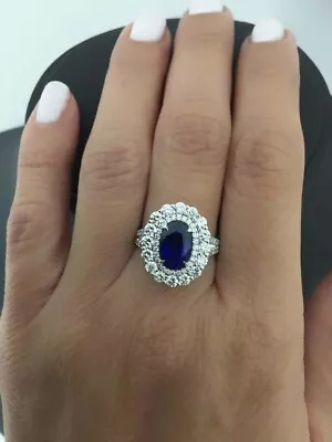 2.00Ct Lab Created Oval Shape Blue Sapphire & Diamond 14k White Gold Finish Ring • $79.99