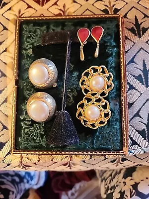 3 Vtg Earrings: FO INC FERNANDO ORIGINALS Faux Pearl Marvella & Red Enamel  • $12.74