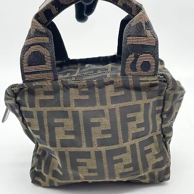 FENDI Mini Tote Hand Bag Pouch Zucca Pattern FF Logo Canvas Nylon Brown Auth • $200