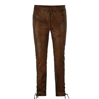 Classic Fitted Motorcycle Or Casual Men's Leather Trousers Pants Brown Color • $89.10