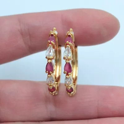 $4.39 • Buy 18K Yellow Gold Filled Women Rose Red Topaz Teardrop Huggie Earrings Jewelry