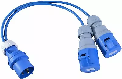 16A Plug To 2 X 16A Sockets. 1.5mm Arctic Blue Power Splitter - 1M • £26.80