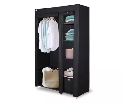 Double Canvas Portable Clothes Storage With Hanging Rail And Cubic Drawer Black • £28.97