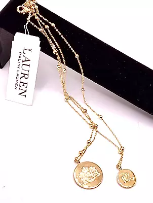 Ralph Lauren Two Row Gold Tone Coin Engraved Logo Pendant Necklace • $30