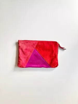 ZARA Red Pink Purple Colorblock 100% Suede Leather Large Clutch Bag Purse • $25