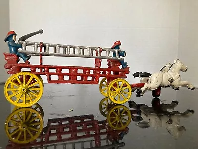 Antique Cast Iron Horse Drawn Fire Truck Engine Wagon Toy W/ Ladders Firemen T2 • $0.99