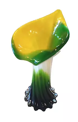 Beautiful Vintage Murano Style Trumpet Tulip Shaped Vase  White Green Yellow 8  • $63.75