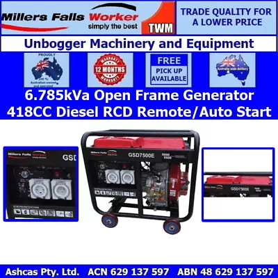 Millers Falls TWM 5.5kW 6.8kVa Open Frame Diesel Generator 418cc Electric Start • $1580