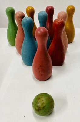 $16.25 • Buy Vintage Colorful Wooden Toy Bowling Pin Set Game Wood Balls