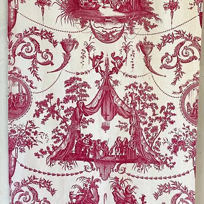 Vintage French Cotton Linen Blend Toile Fabric Cream And Red Theatre Scene Rega • $140