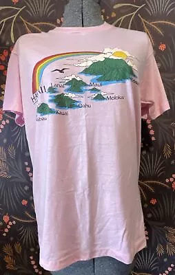 VINTAGE 80’s HAWAIIAN HAWAII ISLANDS PRINT T-SHIRT PINK Deadstock Size XL • $27