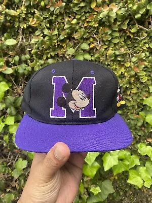 Vintage 90s Disney Mickey Unlimited Snapback Cap Hat Logo Black Purple VTG • $14.99