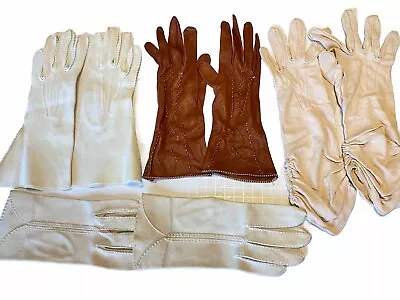 Lot Ladies Hand Gloves White Brown Leather Pink Mixed Length SZ 7.5  Vintage • $2