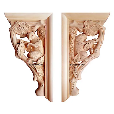 Pair Of Vintage Style Squirrel Trunk Carved 16-1/4  Bracket Corbel • $142.20