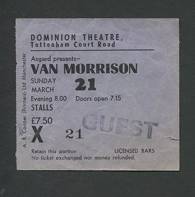 1982 Van Morrison Concert Ticket Stub Dominion Theatre London Beautiful Vision • $44.95