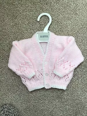 Hand Knitted Baby Cardigan In Pink With White Edging 0-3 Months. • £4