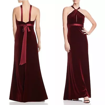 AIDAN MATTOX Velvet Wine Red Halter Satin Tie Cut Out Formal Gown Dress Size 4 • $124