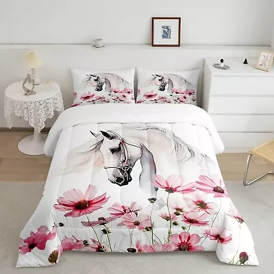 Manfei White Horse Bed Comforters Set Queen SizePink Daisy Flower Rustic Sup... • $92.18